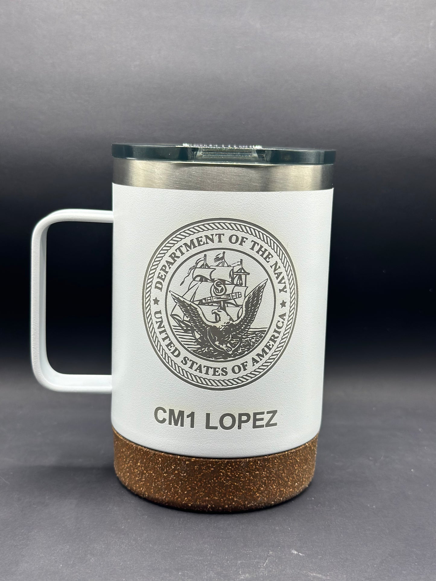 Navy Seabees Ozark Trail 16oz tumbler with magnetic sliding lid. Two line max with name and rank under Navy logo side.