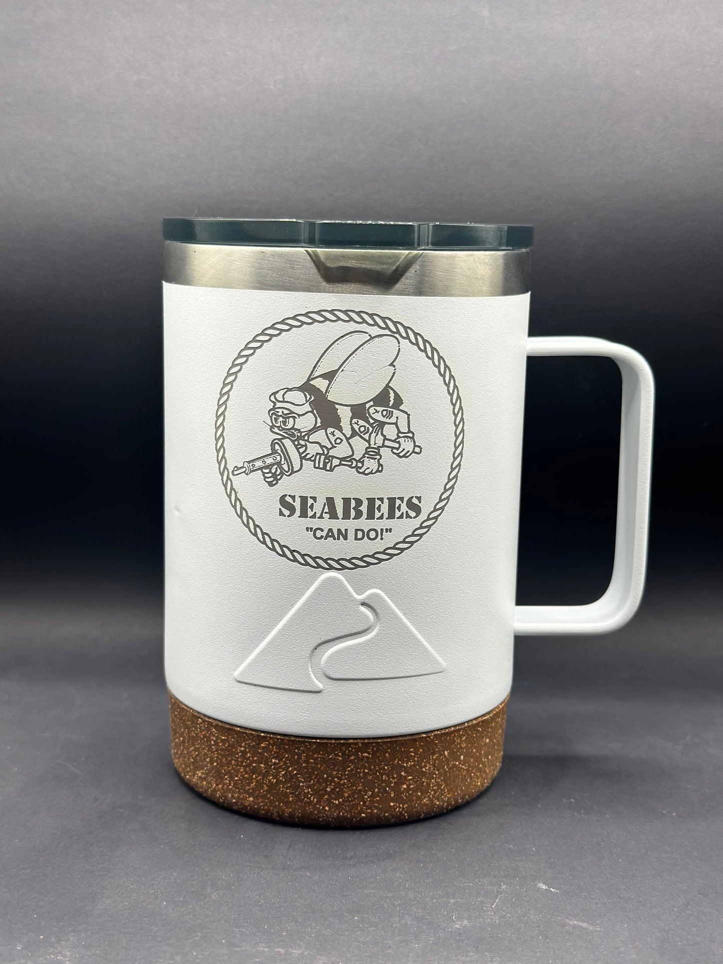 Navy Seabees Ozark Trail 16oz tumbler with magnetic sliding lid. Two line max with name and rank under Navy logo side.